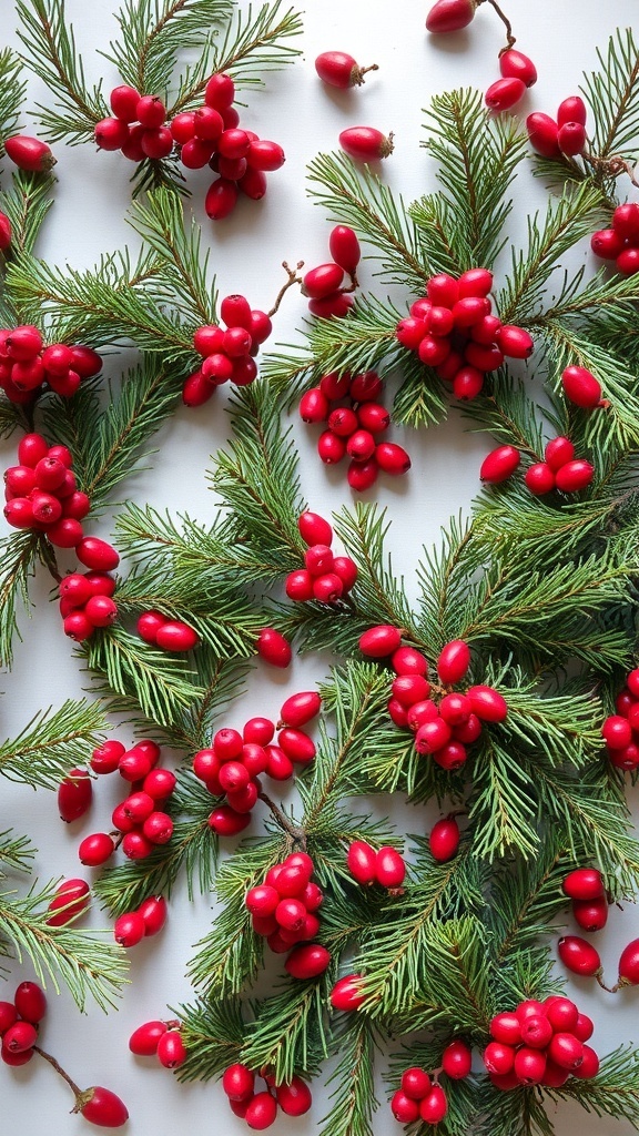 Pine branches with red berries arranged together