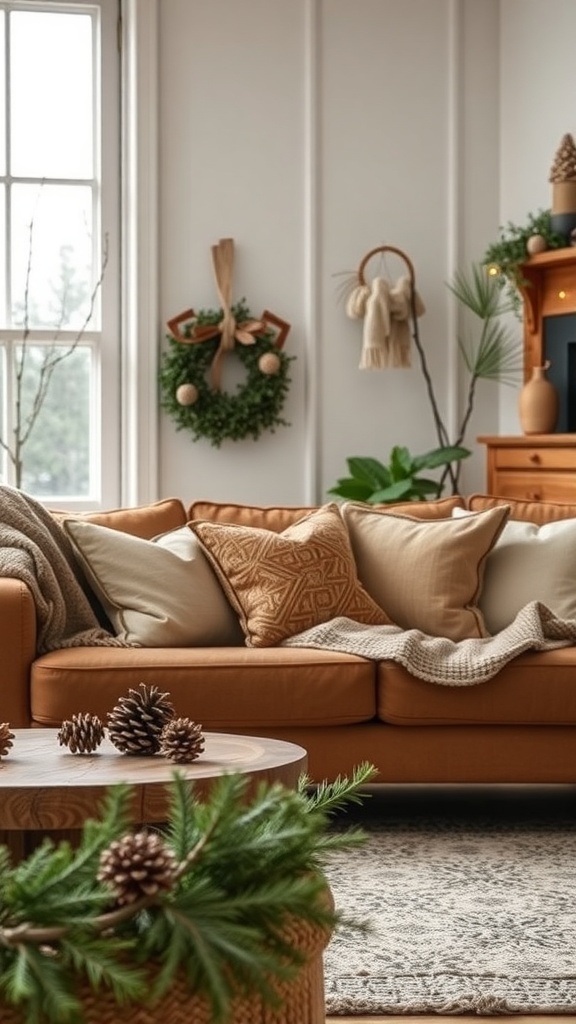 A cozy winter living room with natural decor elements like pinecones and greenery.