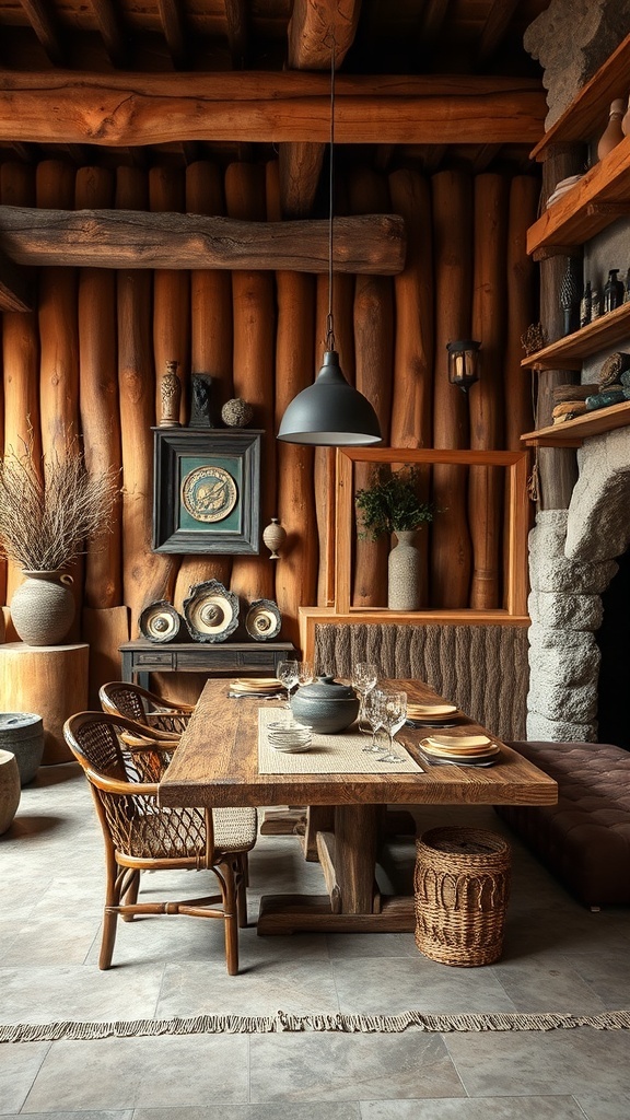 A cozy dining area featuring wooden walls, a rustic table, and natural decor elements.