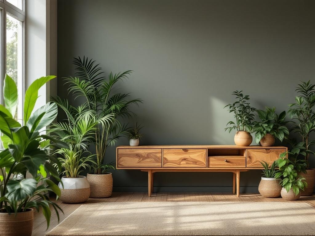 A cozy corner with a wooden console and various indoor plants against a green wall.