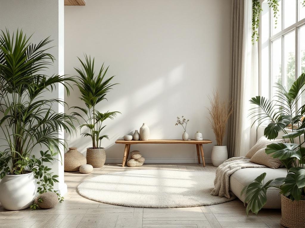 A cozy living room with plants, wooden furniture, and a soft rug, showcasing a neutral home aesthetic.