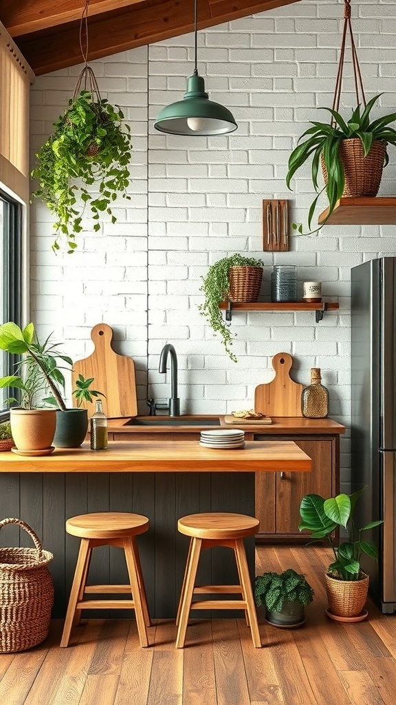 A rustic kitchen featuring wooden countertops, stools, and various plants in pots.