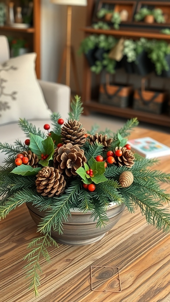 A festive arrangement of pinecones, holly, and evergreen branches in a decorative bowl on a wooden table.