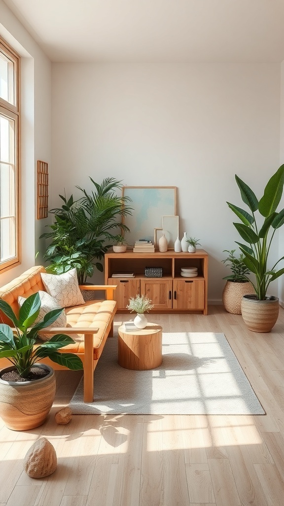 A bright room with wooden furniture and various indoor plants, showcasing a natural aesthetic.