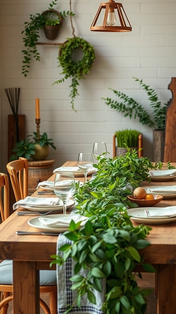 A cozy dining area with a wooden table set with plates and glasses, adorned with lush green foliage and hanging plants.