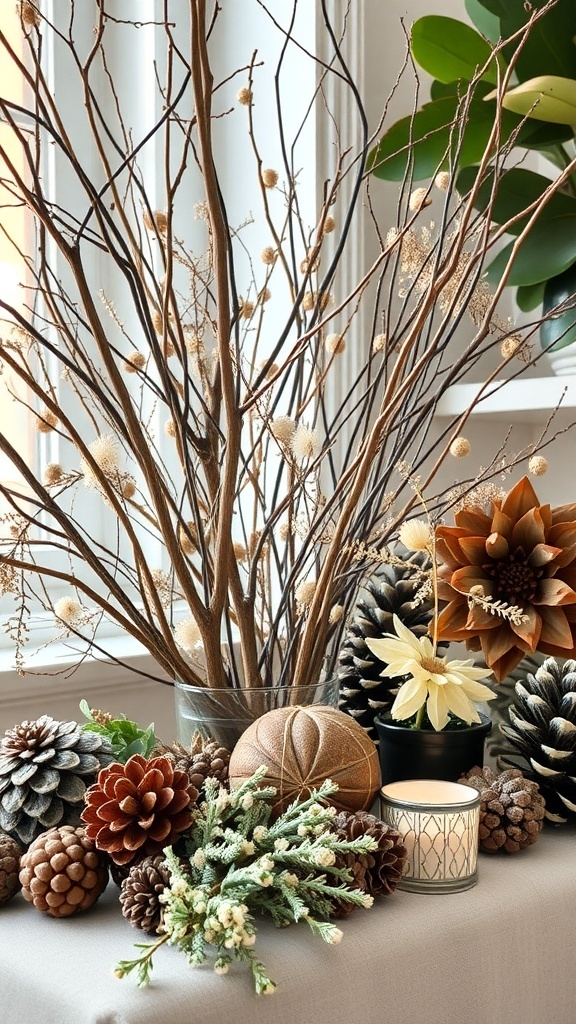 A collection of natural winter decorations including pinecones, twigs, and dried flowers arranged on a table.