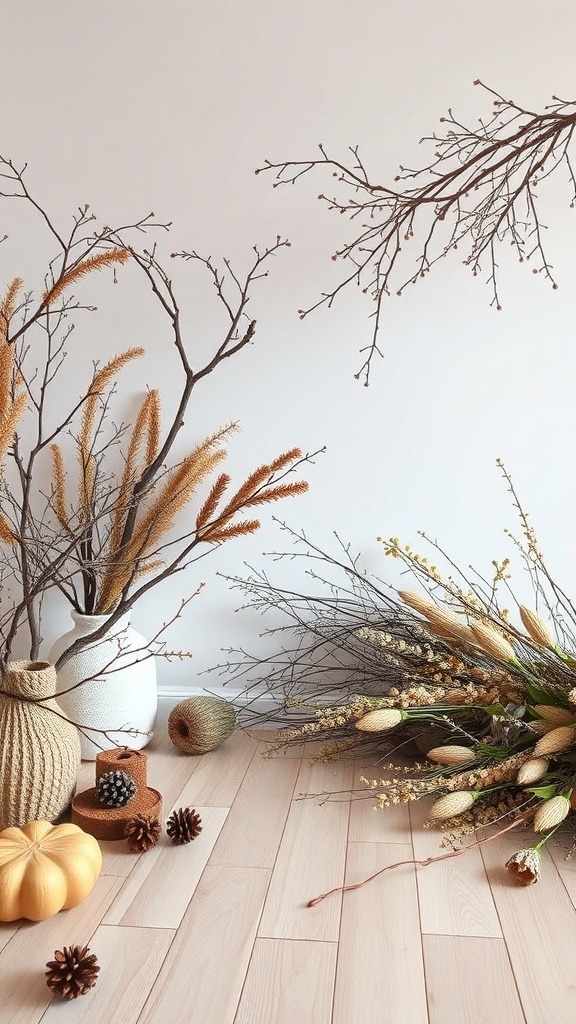 A cozy winter room decor featuring dried branches, pinecones, and soft textures.