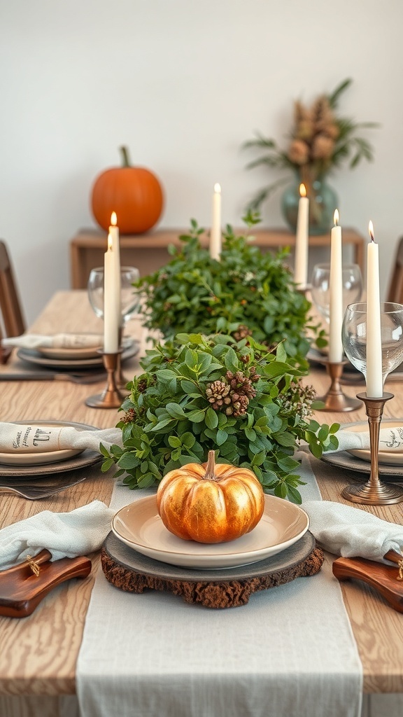 A modern Thanksgiving table featuring greenery, candles, and a golden pumpkin on a wooden base.