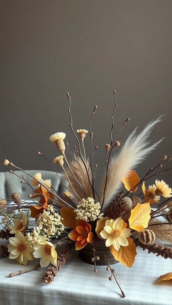A beautiful fall table decor arrangement featuring dried flowers, twigs, and autumn leaves.