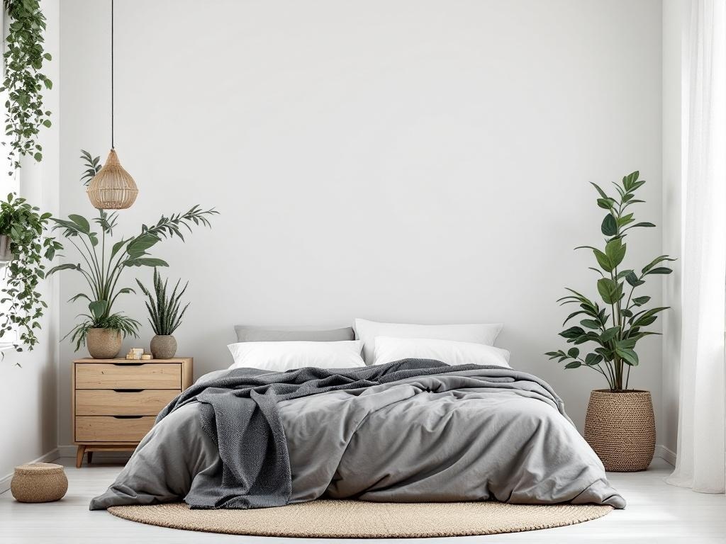 A minimalist bedroom featuring plants, natural light, and neutral colors.