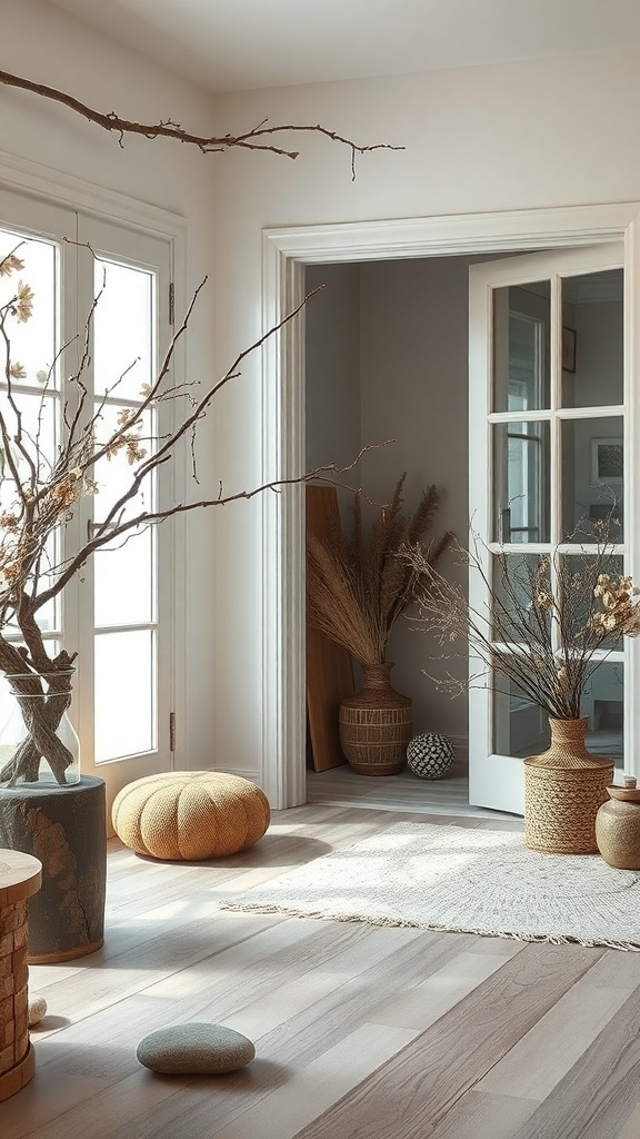 A cozy room with natural decor elements like dried branches and textured cushions.