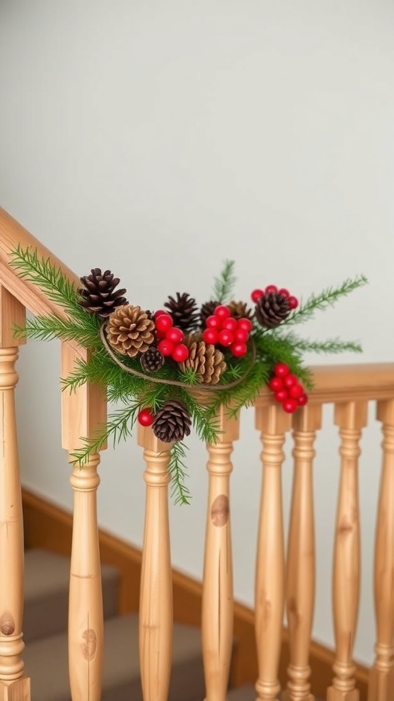 A decorated banister with pinecones and red berries.