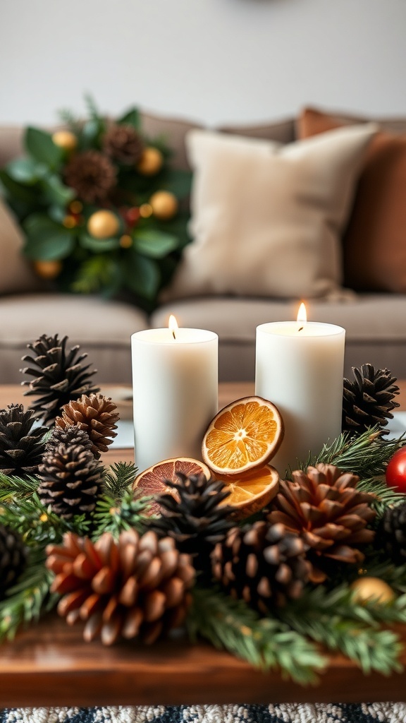 A cozy coffee table decorated with pinecones, dried citrus slices, and candles for Christmas.