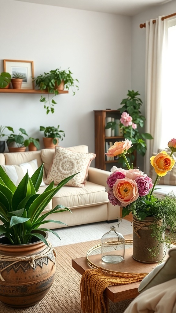 A cozy farmhouse living room with various plants and colorful flowers, showcasing natural elements in decor.