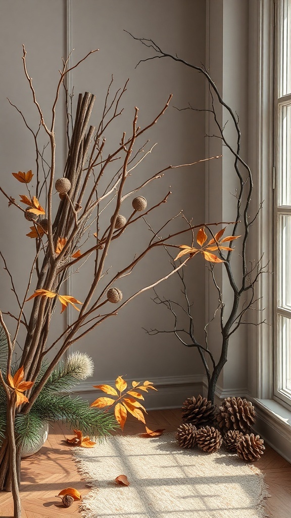Decorative branches with orange leaves and pinecones in a cozy room