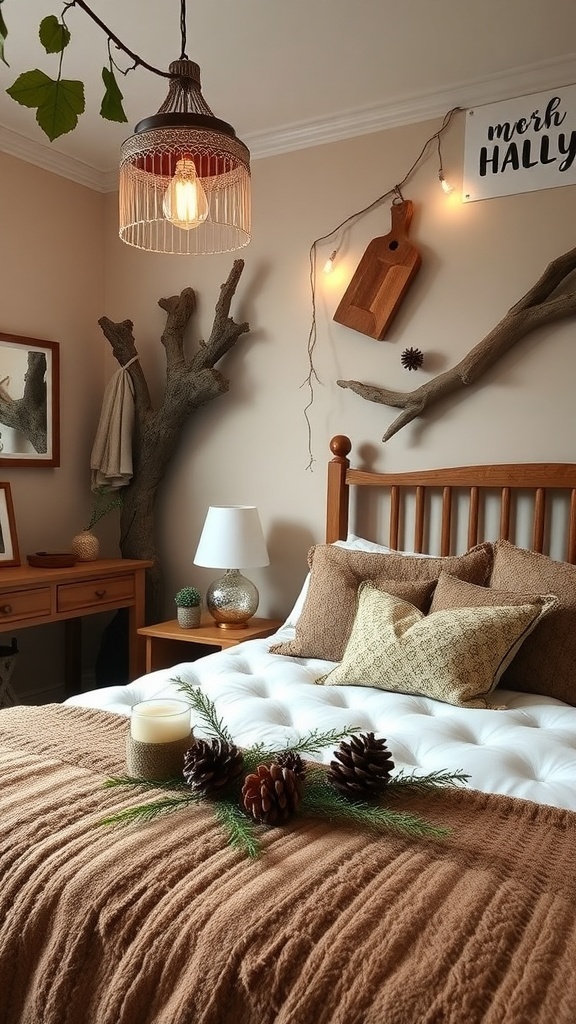 Cozy fall bedroom with natural elements like wooden furniture, pinecones, and greenery.