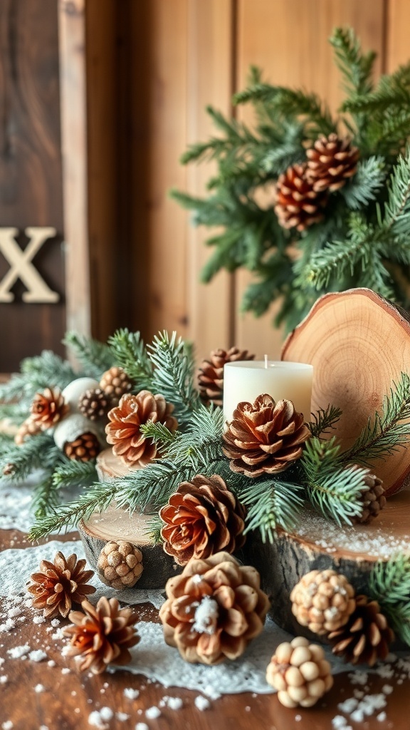 A winter decor arrangement featuring pinecones, greenery, and a candle on wooden slices.