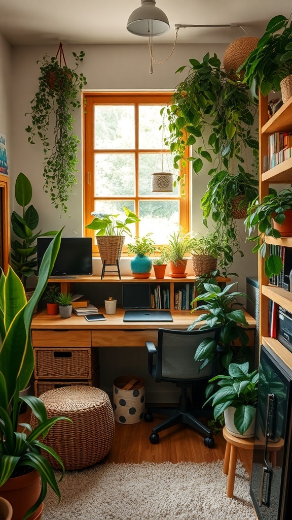 A cozy hobby room filled with various indoor plants, a wooden desk, and a warm atmosphere.