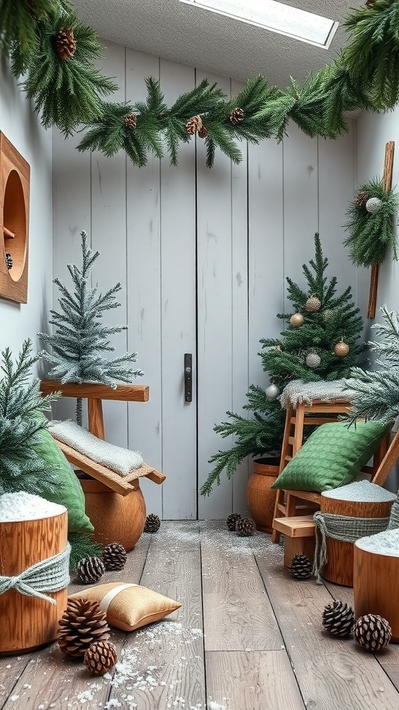 A cozy winter room decorated with pine branches, pinecones, and small evergreen trees.