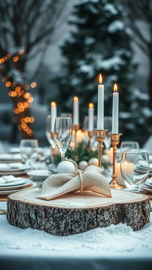 A winter tablescape featuring a wood slice centerpiece, candles, and elegant glassware.