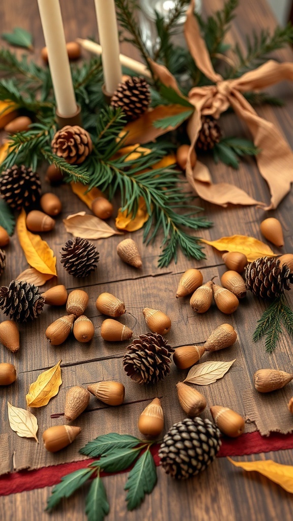 A dining table decorated with acorns, pinecones, and leaves, featuring candles and greenery.