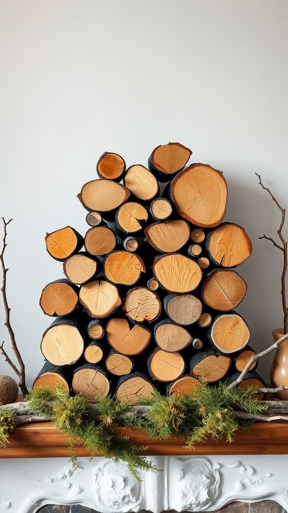 A decorative arrangement of birch logs on a fireplace mantle with greenery.
