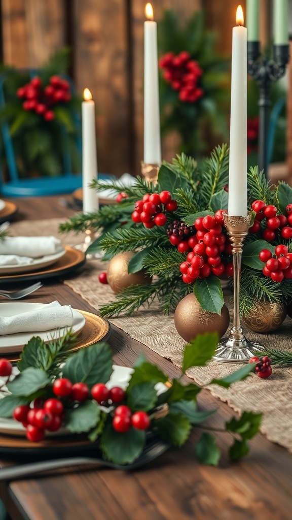 Christmas table decor featuring fresh greens and red berries with candles.