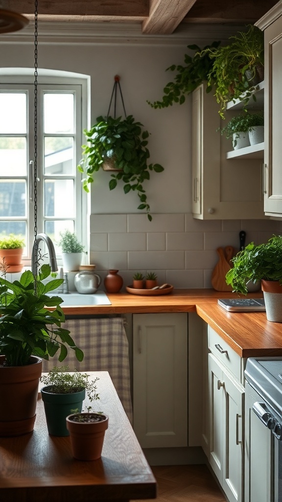 A cozy farmhouse kitchen with various plants on the countertop and hanging from the walls.