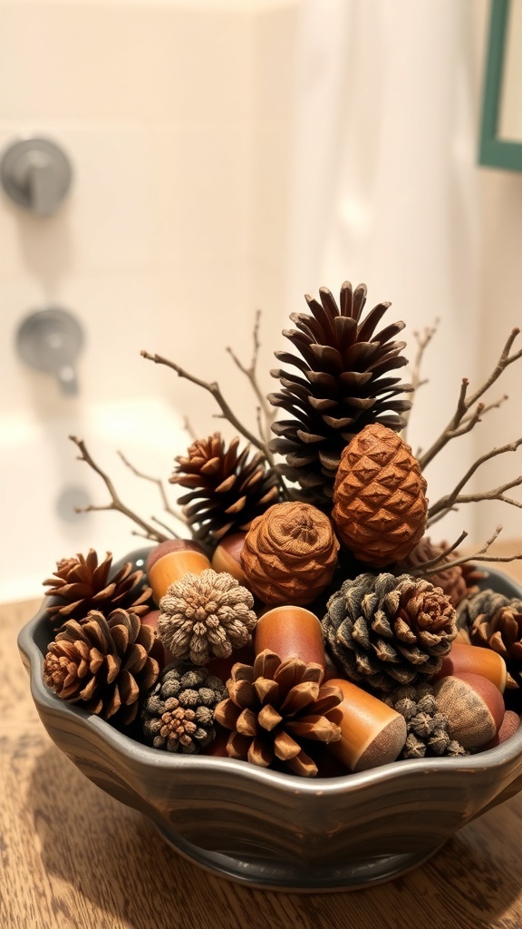 A decorative bowl filled with various pinecones and twigs, set against a bathroom backdrop.