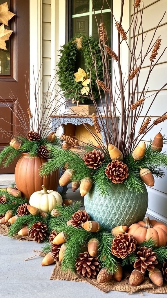 A fall-themed front porch with pinecones, pumpkins, and autumn leaves.