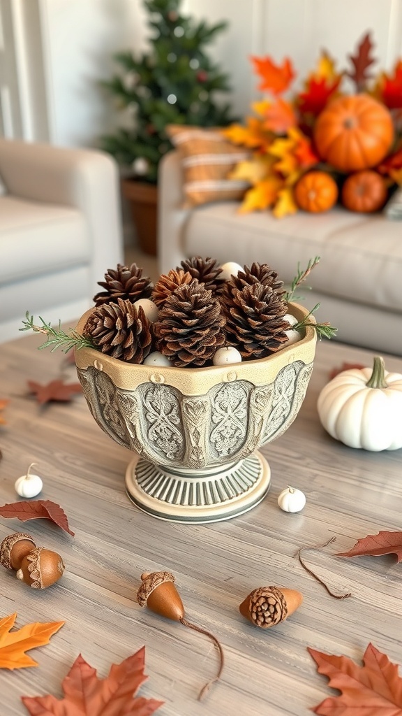 A decorative bowl filled with pinecones on a wooden table, surrounded by acorns and autumn leaves.