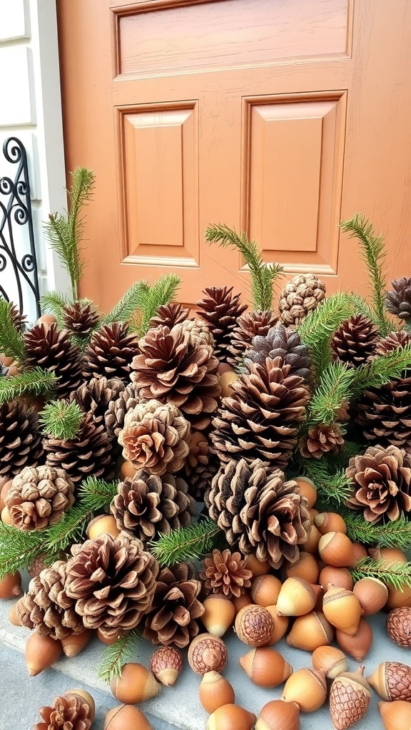 A front door decorated with pinecones and acorns, showcasing natural elements for fall.