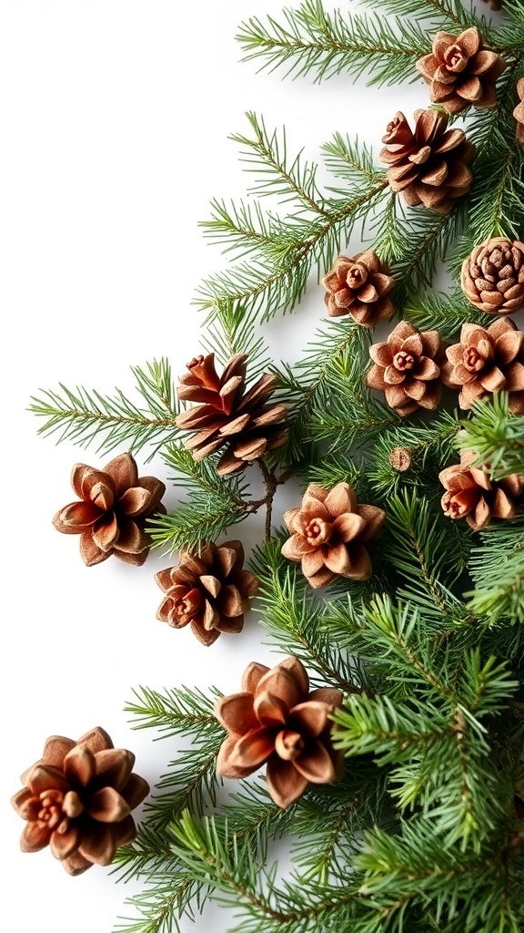 Decorative arrangement of pinecones and green pine branches for Christmas decor.