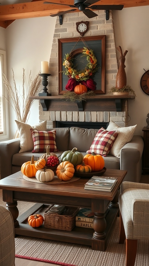 A cozy living room decorated with pumpkins and gourds on a coffee table, featuring a wreath on the wall and plaid pillows on the couch.