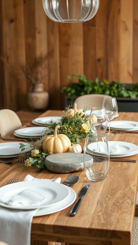 Thanksgiving table setting with wood and stone accents, featuring pumpkins and greenery.