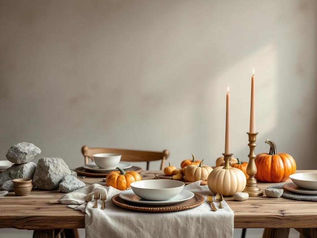 A Thanksgiving table decorated with wood, stone accents, pumpkins, and candles.