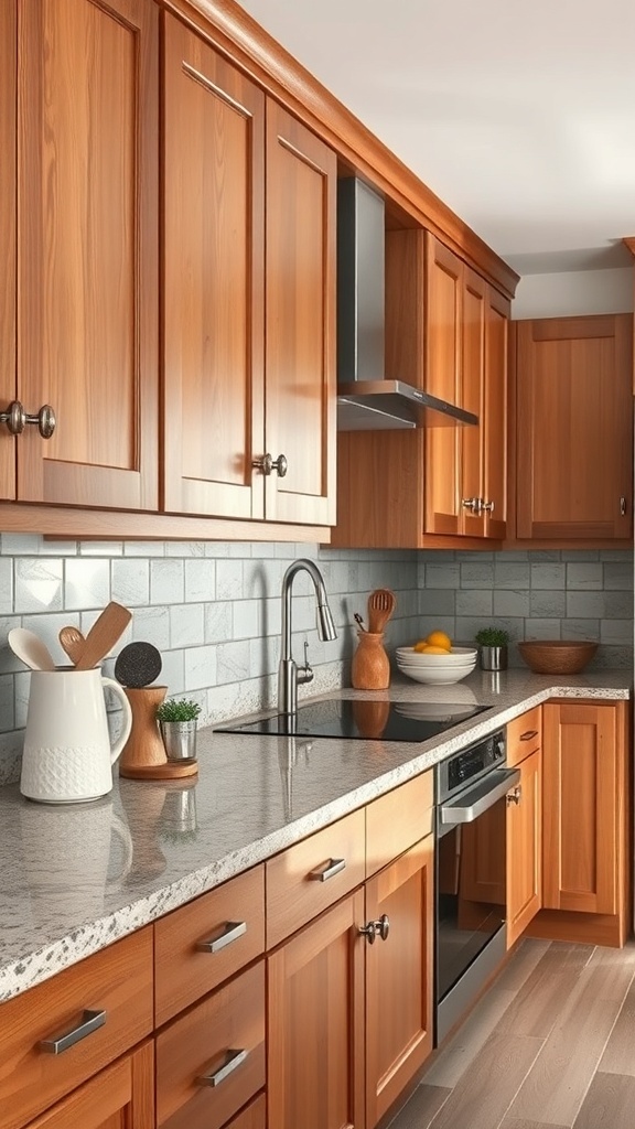 A modern farmhouse kitchen featuring wooden cabinets and stone countertops.