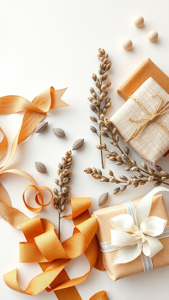 Natural fabric ribbons in warm colors with wrapped gifts and dried flowers.