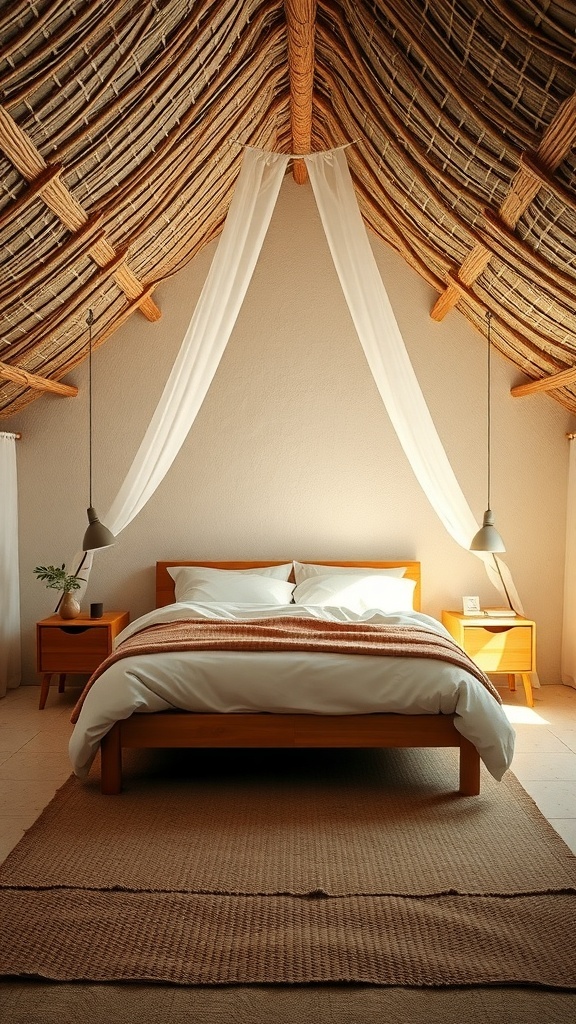 A cozy bedroom featuring a natural fiber ceiling with woven materials, wooden furniture, and soft bedding.