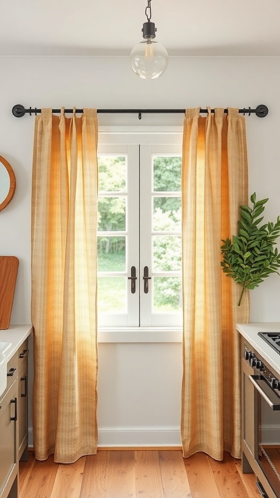 Natural fiber curtains in a farmhouse kitchen, allowing light to filter in.