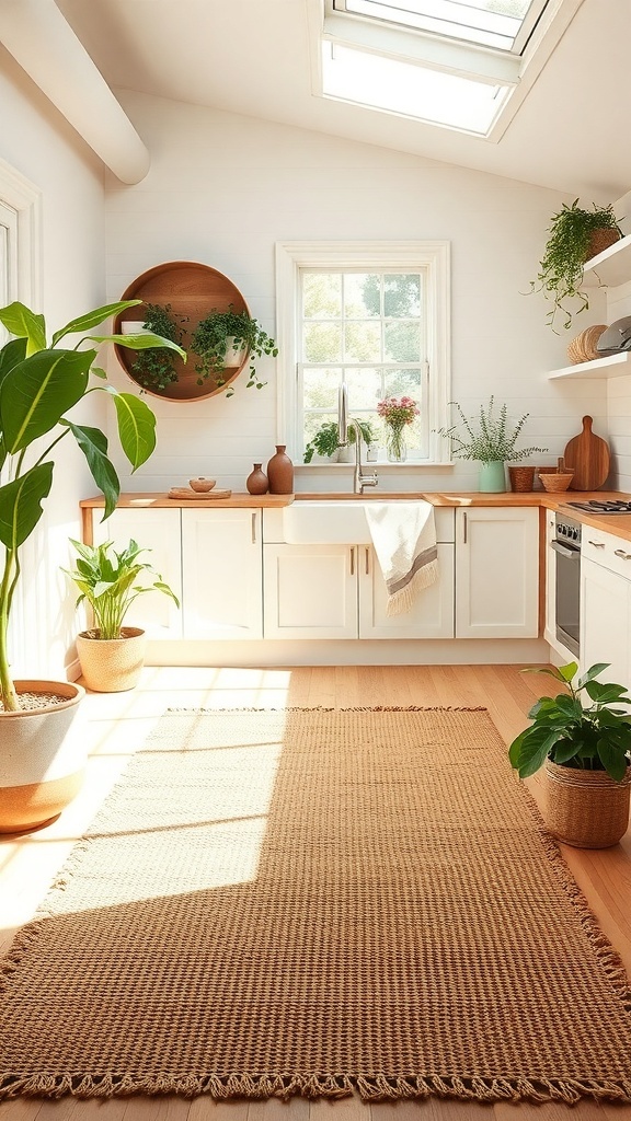 A natural fiber rug in a bright, airy kitchen with plants and wooden accents.