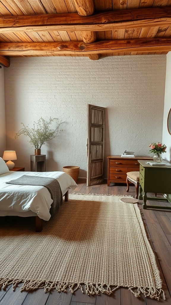 Cozy rustic bedroom with a natural fiber rug