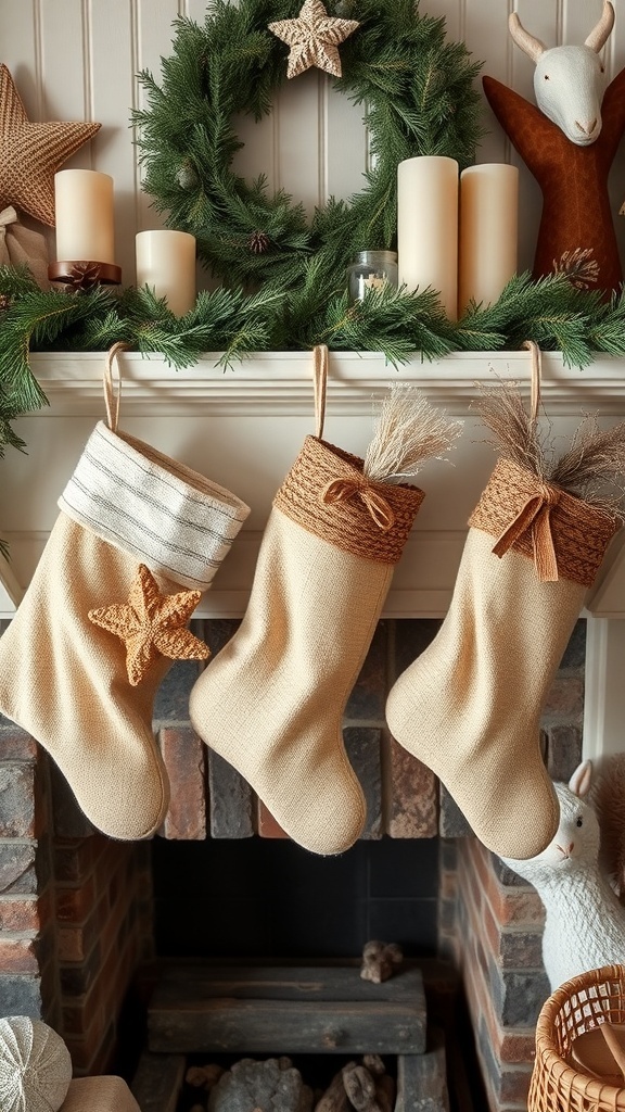Natural fiber stockings hanging on a fireplace mantel decorated for Christmas.