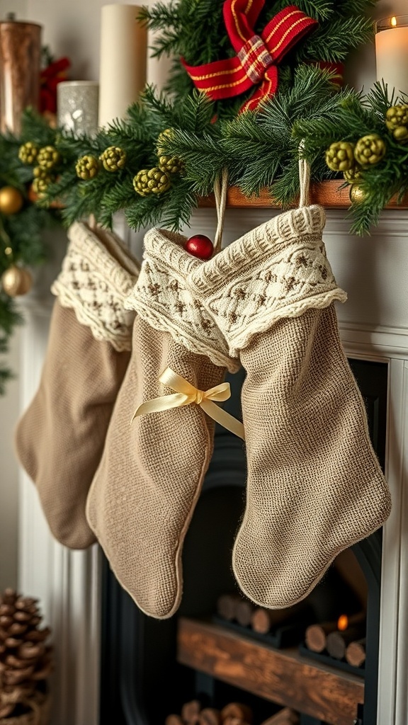 Two natural fiber stockings hanging by a fireplace decorated with greenery and candles.
