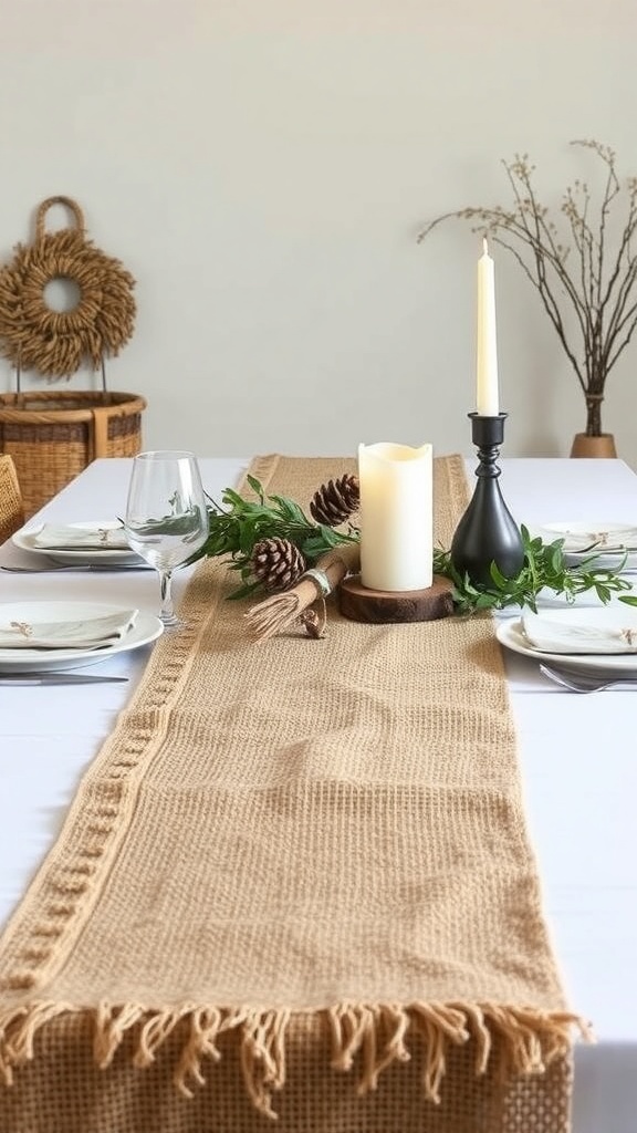 A beautifully set Thanksgiving table featuring a natural fiber table runner, candles, and pinecones.