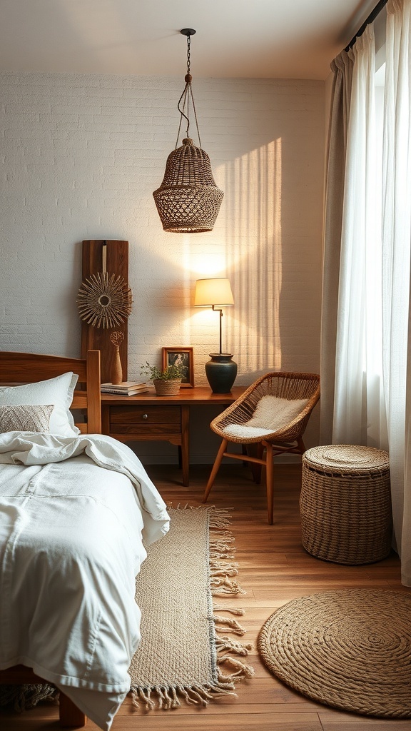 A rustic bedroom featuring natural fiber textiles like a jute rug and cotton bedding.