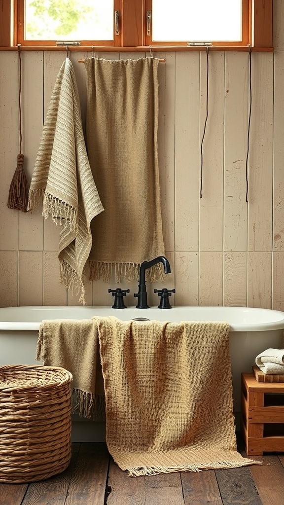 A rustic bathroom featuring natural fiber textiles, including soft towels and a woven basket.