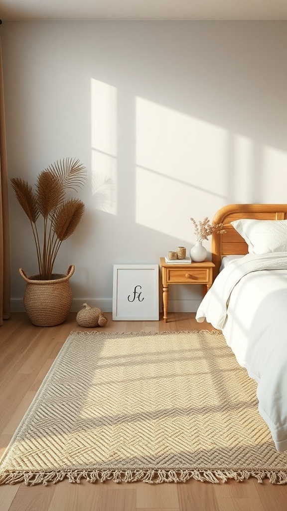A cozy bedroom featuring a natural fiber rug, wooden furniture, and soft lighting.