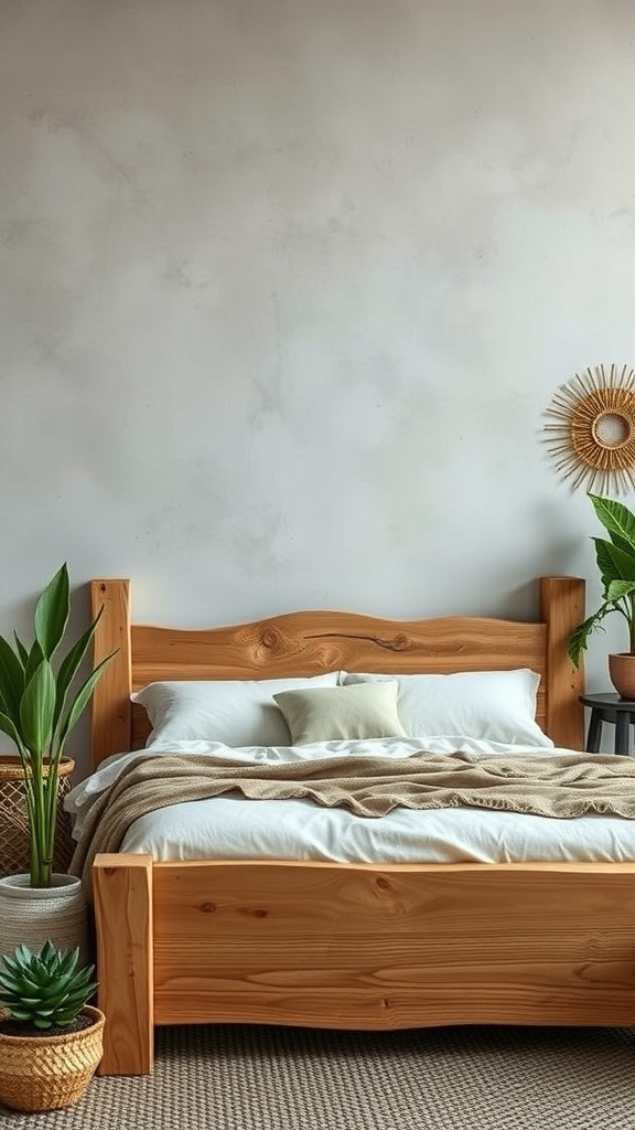 A rustic bed frame with a natural wood finish, surrounded by plants and a cozy atmosphere.