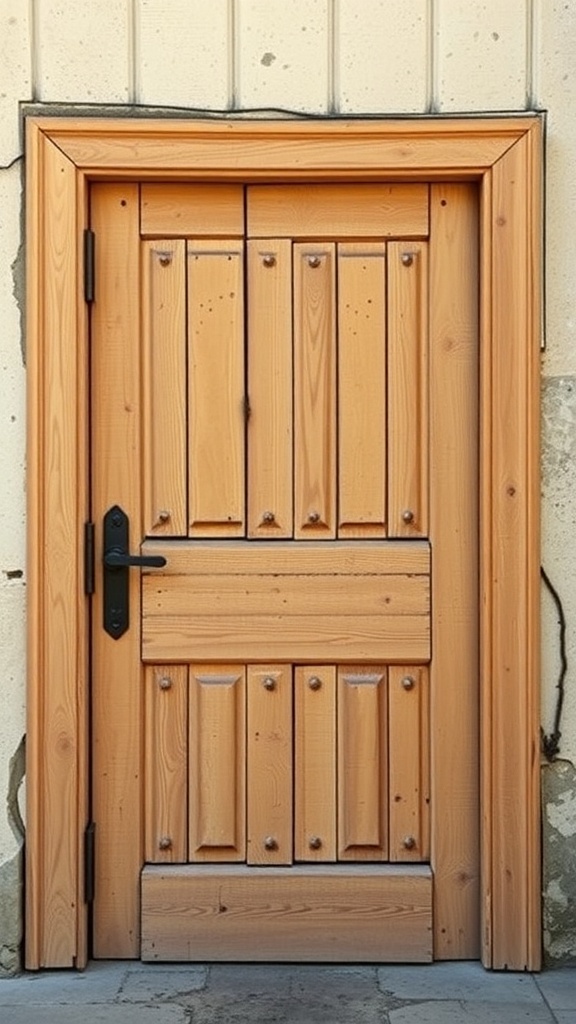 A rustic wooden door with natural finish and black handle.